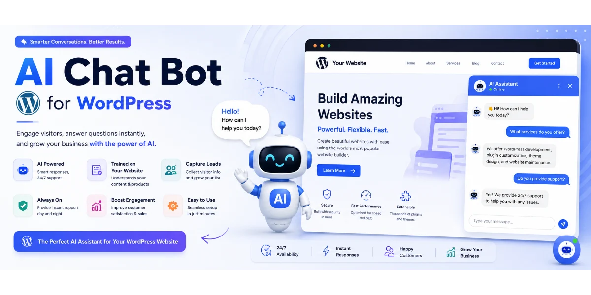 AI Chat Boat, ChatGPT on Web, AI Assistance, AI Assistant, Chat bot, wordpress Chatbot,
